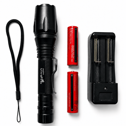Taktická LED svítilna Black Airsoft sada s bateriemi a nabíječkou