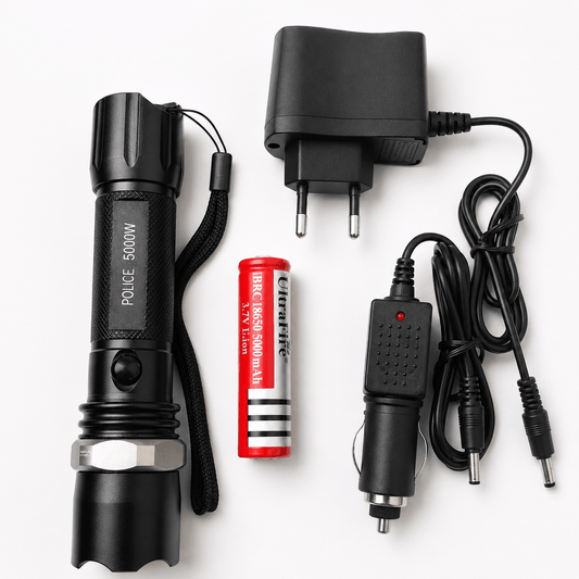 Taktická LED svítilna POLICE 5000W Black Airsoft sada s nabíječkou do auta